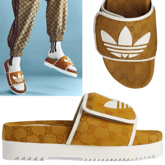 GUCCI SHOES ADIDAS X ORIGINAL GG CANVAS PLATFORM SANDAL SLIDE sz 38 8 US - Picture 1 of 15